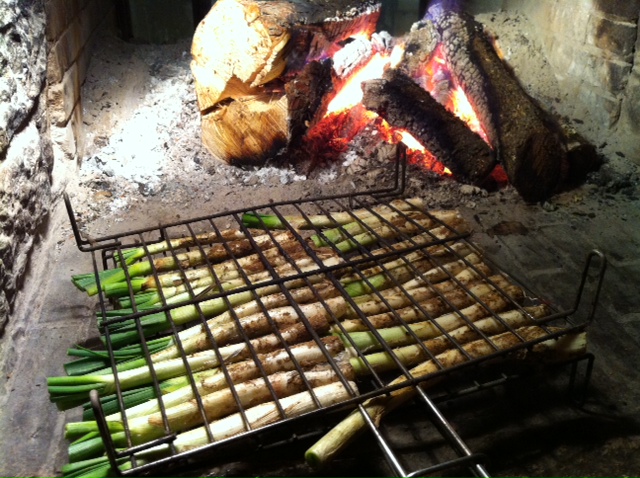 Cooking calçots on the open fire.  Calçots are a mild green onion grown in Catalonia, Spain.