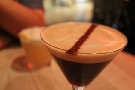 My espresso martini in the foreground and David's whiskey sour (oh, how sophisticated) in the background.  Ben makes a damn good drink!  Too damn good.