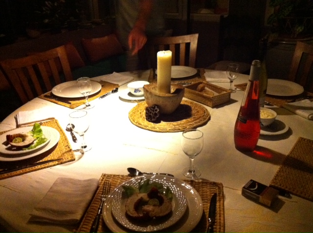 Classic french table settings for our lobster banquet.  We ate outside on one of the few nights in wasn't raining.  It was just lovely.