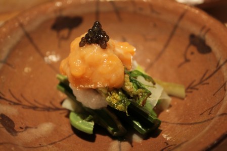 Fresh spring Japanese greens topped with sea cucumber roe.  
