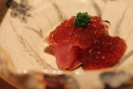 Smoked bonito tuna with ponzu jelly.  