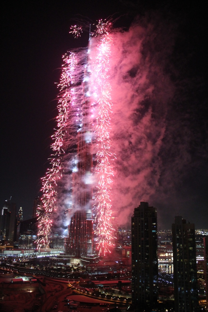 Fireworks spewing from the Burj Khalifa.  Pretty!