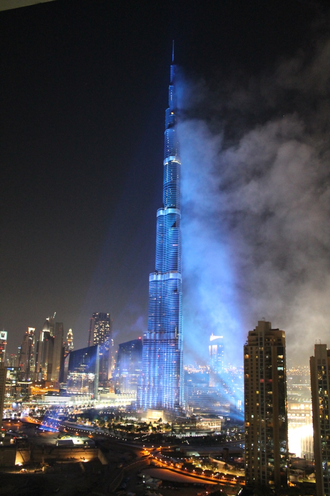 The Burj Khalifa spotlit in the colours of the Dubai 2020 bid for the Expo.  