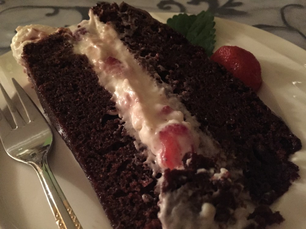 Dessert - chocolate cake with cherry filling.  Divine.